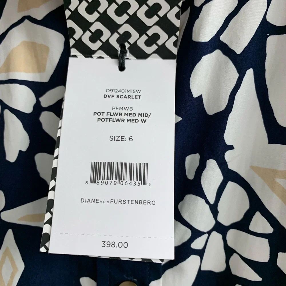 NWT Diane Von Furstenberg Navy Blue Printed Cotton Belted Scarlet - Picture 5 of 8